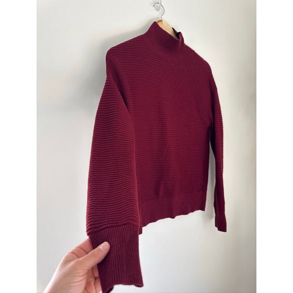 Theory Ribbed Wool Mock Neck Sweater in Burgundy, Size Small - Picture 1 of 7